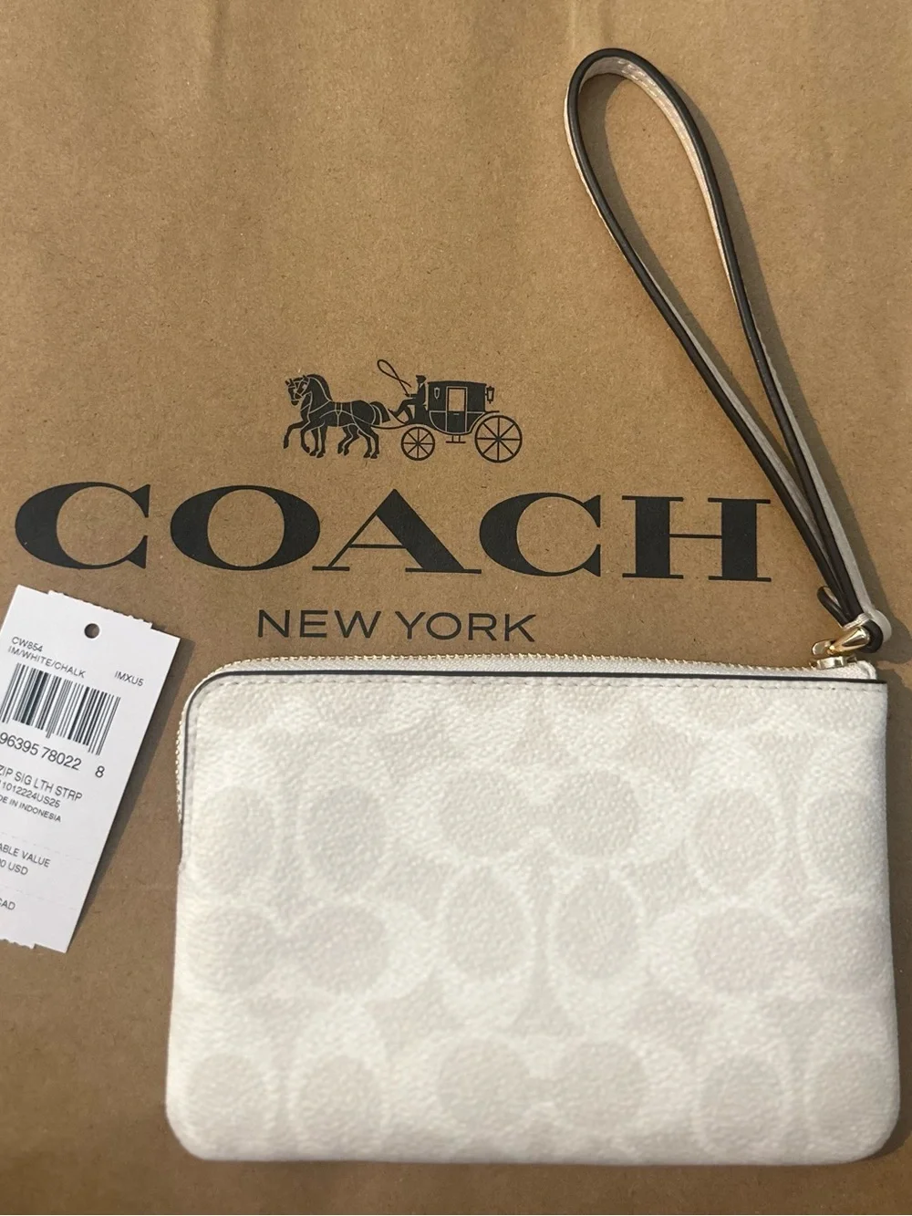 COACH White Signature Wristlet with Center Leather Panel